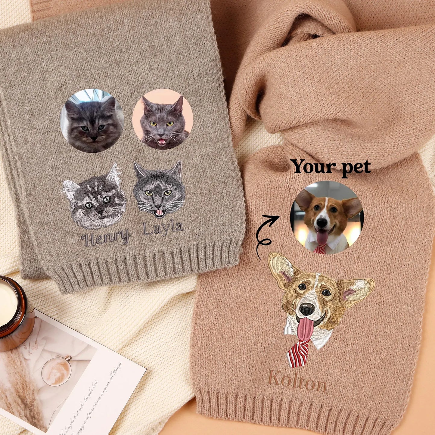 Personalized Pet Face and Name Scarf,Custom Embroidered Pet Portrait Scarf,Winter Pet Scarf