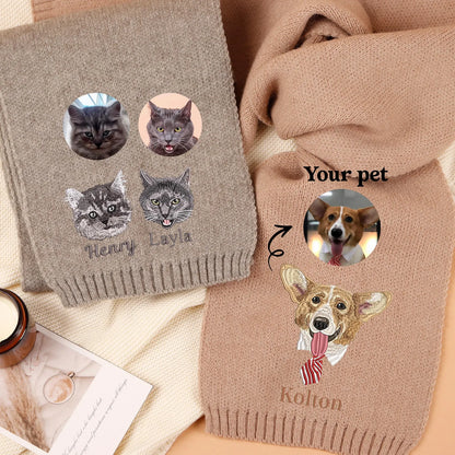 Personalized Pet Face and Name Scarf,Custom Embroidered Pet Portrait Scarf,Winter Pet Scarf