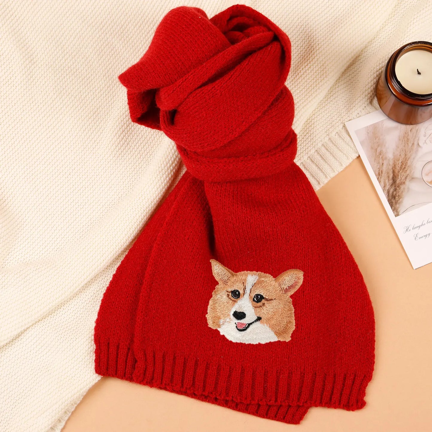 Personalized Pet Face and Name Scarf,Custom Embroidered Pet Portrait Scarf,Winter Pet Scarf