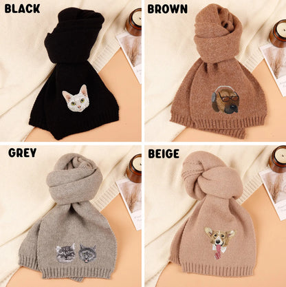 Personalized Pet Face and Name Scarf,Custom Embroidered Pet Portrait Scarf,Winter Pet Scarf