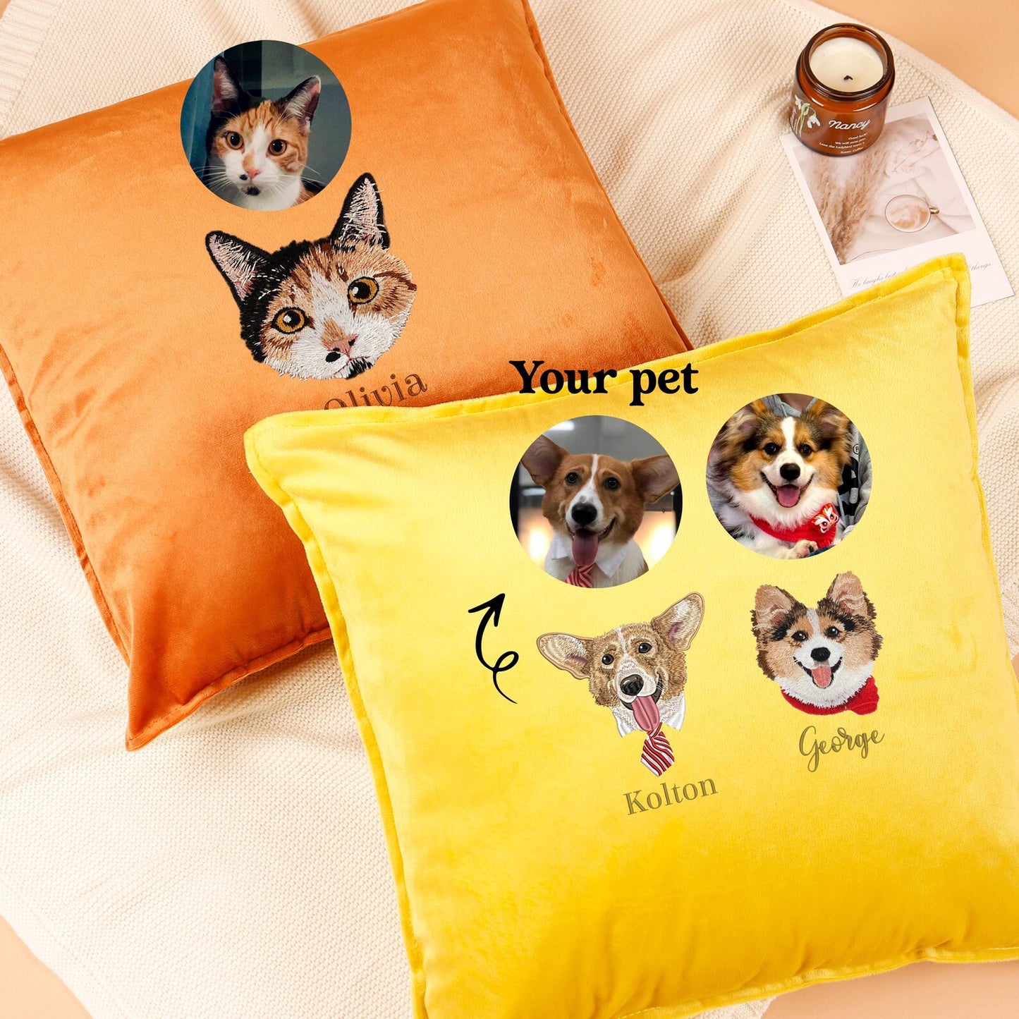 Personalized Embroidered Pet Portrait Pillow with Name,Custom Pet Pillow