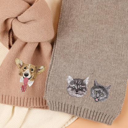 Personalized Pet Face and Name Scarf,Custom Embroidered Pet Portrait Scarf,Winter Pet Scarf