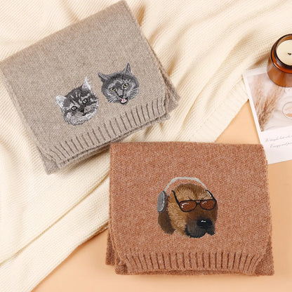 Personalized Pet Face and Name Scarf,Custom Embroidered Pet Portrait Scarf,Winter Pet Scarf