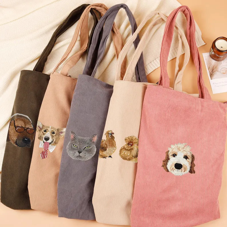Custom Pet Embroidery Corduroy Tote - Wear Your Best Friend