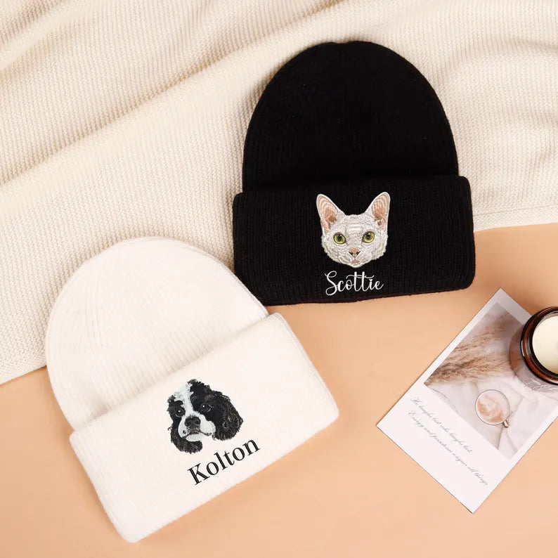 Custom Pet Portrait Beanie,Personalized Embroidered Pet Beanie