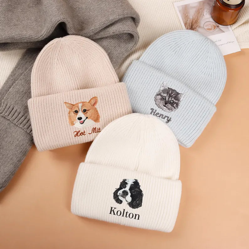 Custom Pet Portrait Beanie,Personalized Embroidered Pet Beanie
