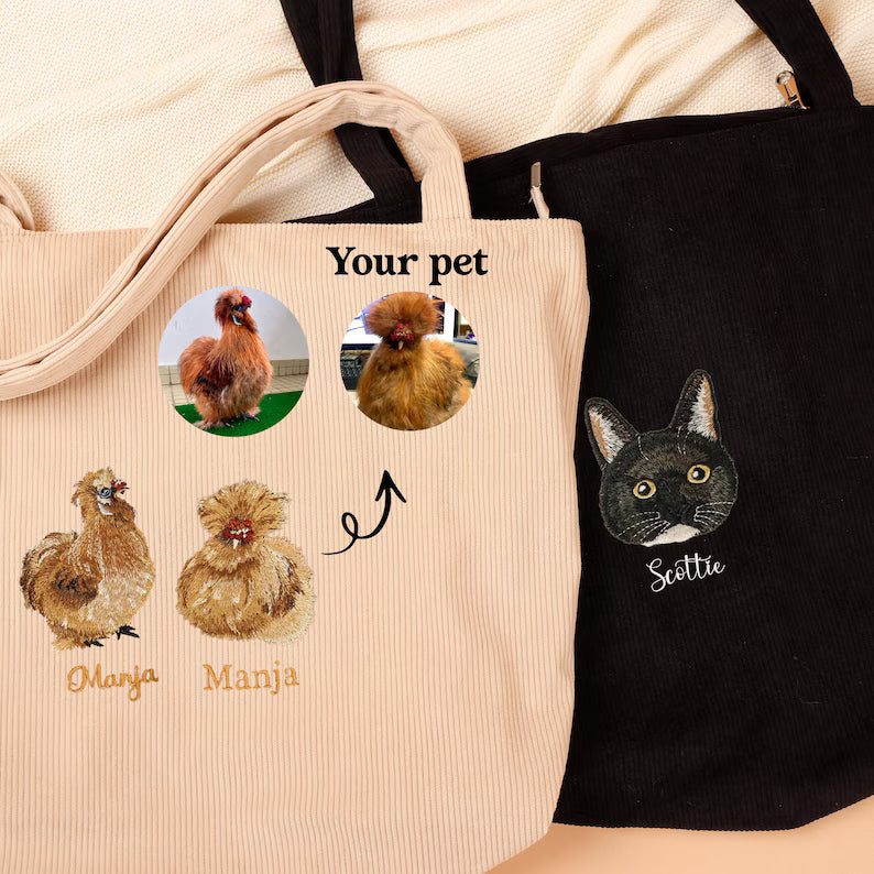 Custom Pet Embroidery Corduroy Tote - Wear Your Best Friend
