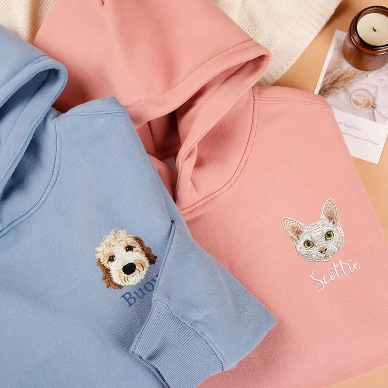 Personalized Embroidered Pet Face Hoodie, Custom Pet Name Sweatshirt,Embroidered Pet Photo Sweatshirt