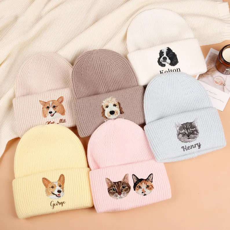 Custom Pet Portrait Beanie,Personalized Embroidered Pet Beanie