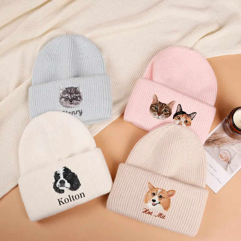 Custom Pet Portrait Beanie,Personalized Embroidered Pet Beanie