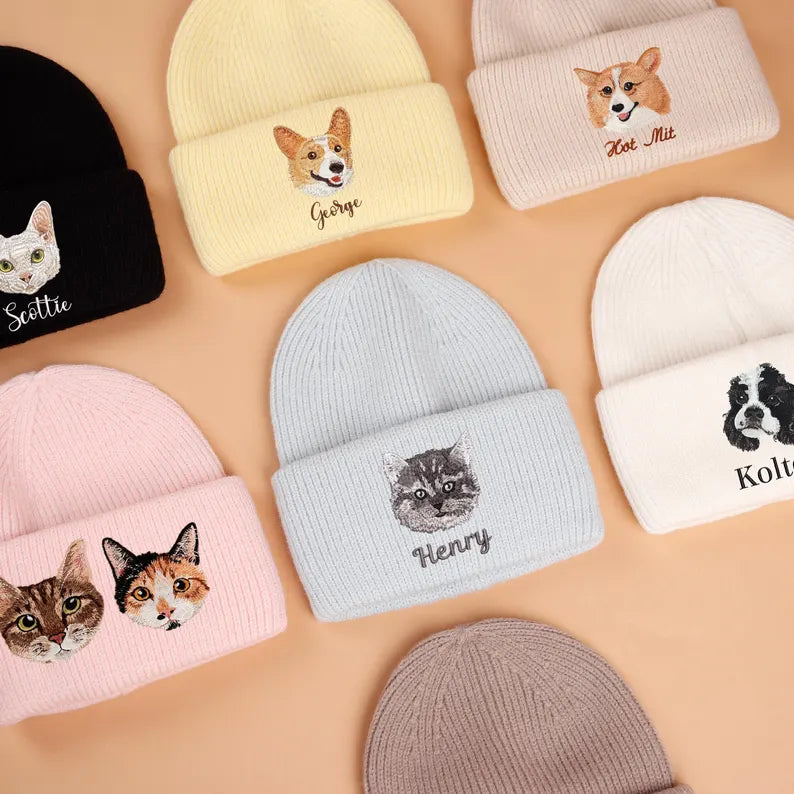 Custom Pet Portrait Beanie,Personalized Embroidered Pet Beanie