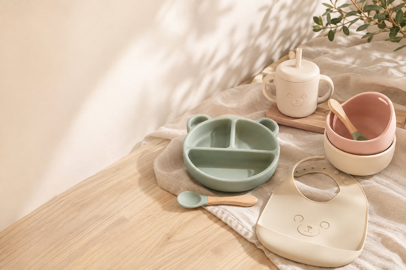 Sage and cream bear-shaped feeding essentials on natural linen